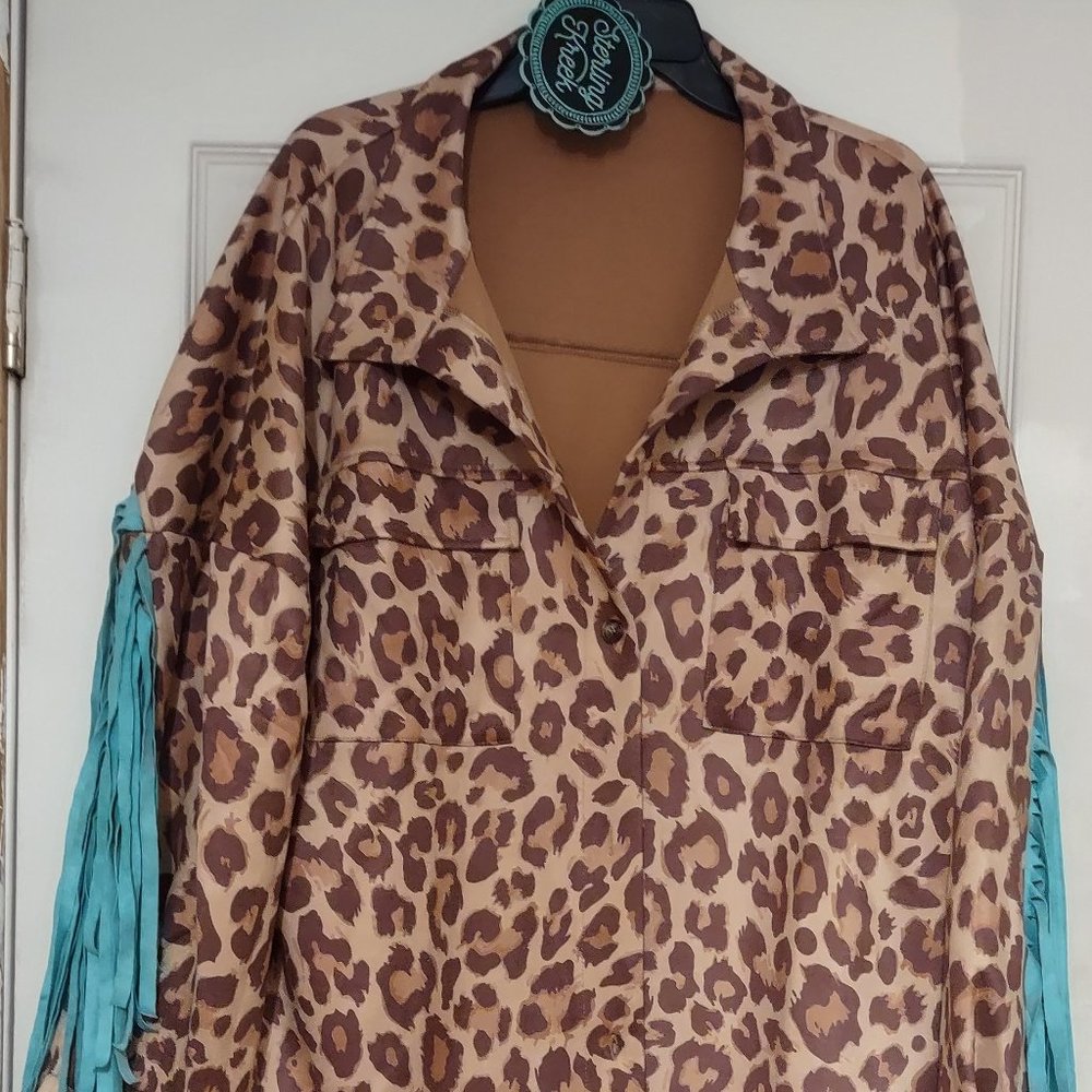 Jacket from Sterling Kreek - Leopard print with turquoise fringes - size 3XL
